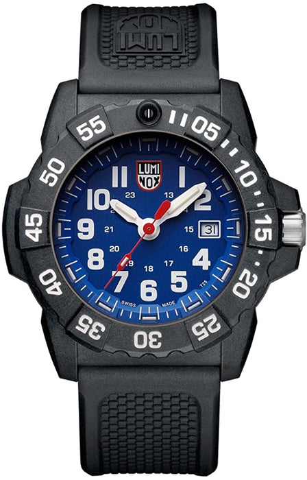 This watch which is built for professional diving as well as military diving encompasses all of what that entails. The black rubber strap and protected crown case shape with bold white second and hour numerals allow for easy and accurate readability. The blue face compliments the watch well as the white and red hands standout so you never miss a moment. In darkness the hour markers and hands illuminate for maximum readability.