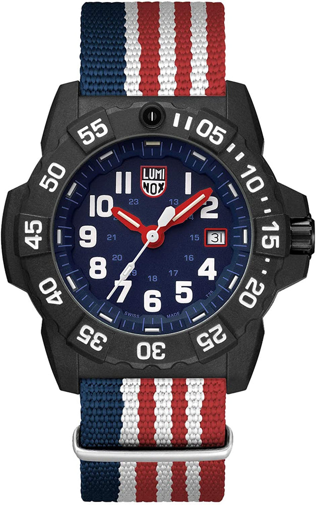 This Memorial Day commemorative watch is indicative of American pride and patriotism. The red, white, and blue striped nylon strap is eye catching while the bold second and hour numerals are easily readable and not distracting, The navy blue dial, red hands, and white accents within the face of the watch continue the theme of true patriotism.