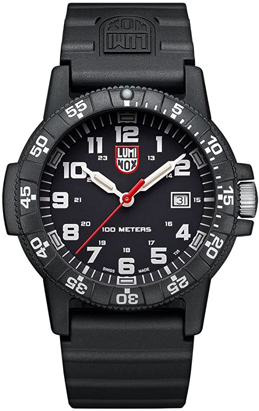 The shape of the classic Luminox design has a protected crown balanced by an opposite outcropping that has often been compared to the shape of a turtle hence the name of the collection. The all black band and case allows the white second numerals to standout and frame the black face with hour numerals, markers , and hands. In darkness, the even hour markers and hands illuminate for maximum visibility. 