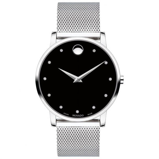 Movado Movado Men's Museum Classic Diamond Accent Silver-Tone Mesh Watch with Black Dial 0607511 - Time After Time Watches