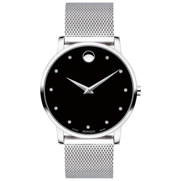Movado Men's Museum Classic Diamond Accent Silver-Tone Mesh Watch with Black Dial