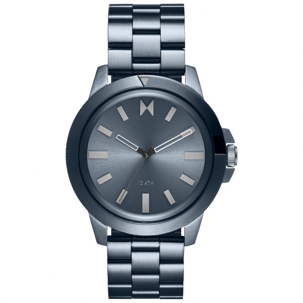 Men's Minimal Sport Baltic Blue, Blue Gunmetal dia, white markers, white hour and minute hands and black second hand. Rotating divers bezel, MVMT logo placed at 12 o'clock marker, 10 ATM Water Resistance indicator at 6 o'clock marker.