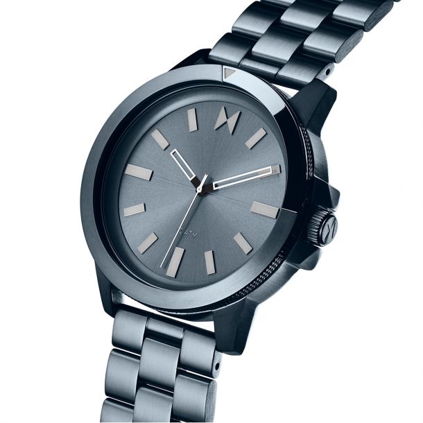 Men's Minimal Sport Baltic Blue, Blue Gunmetal dia, white markers, white hour and minute hands and black second hand. Rotating divers bezel, MVMT logo placed at 12 o'clock marker, 10 ATM Water Resistance indicator at 6 o'clock marker.