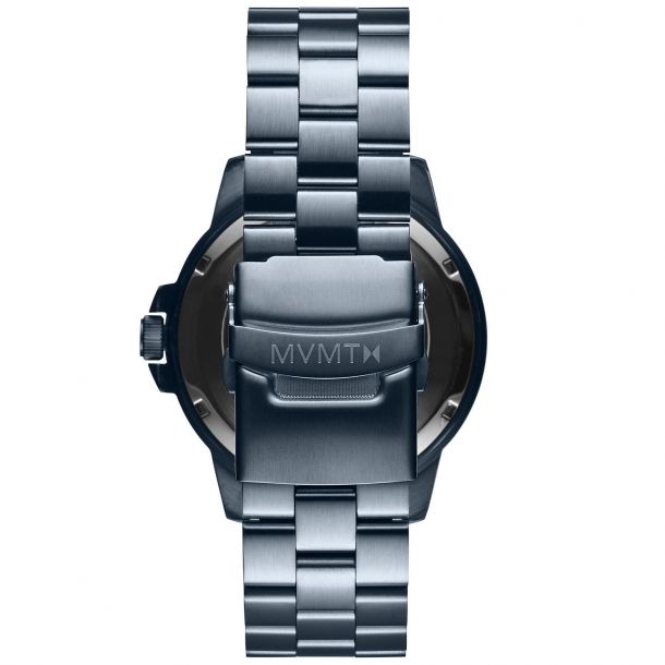 Men's Minimal Sport Baltic Blue, Blue Gunmetal dia, white markers, white hour and minute hands and black second hand. Rotating divers bezel, MVMT logo placed at 12 o'clock marker, 10 ATM Water Resistance indicator at 6 o'clock marker.