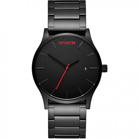 Men's Black Link MVMT 45MM Case. Black dial, Black hour and minute hands. red second hand and red MVMT logo placed at the 12 o'clock marker. Black Stainless steel casing and band. 