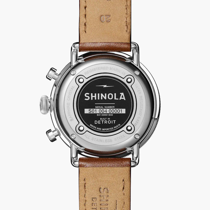 Shinola, Canfield Chrono 43mm Blue Dial Brown Leather