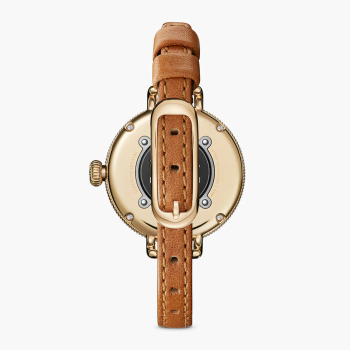 Shinola, Birdy 34mm Moon Phase White Dial Bourbon Leather