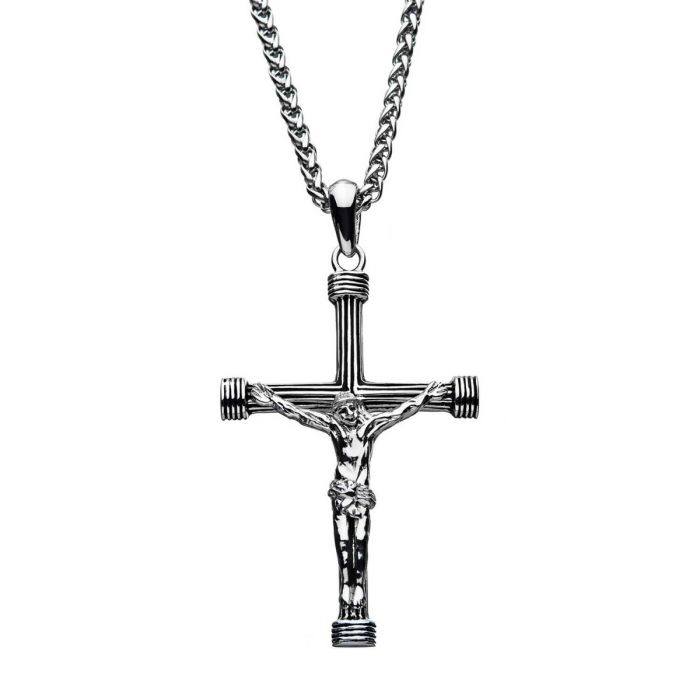 Stainless Steel Crucifix Pendant with Round Wheat Chain