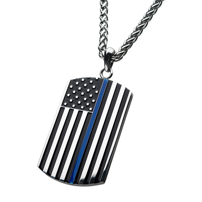 INOX Thin Blue Line American Flag Police Officer Military Style Dog Tag Enamel Pendant