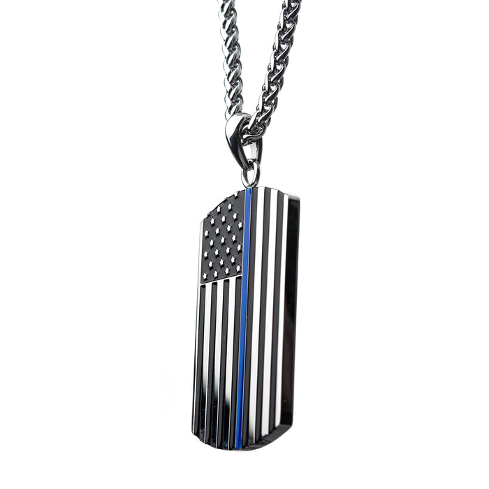 INOX Thin Blue Line American Flag Police Officer Military Style Dog Tag Enamel Pendant