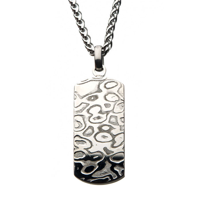 INOX Stainless Steel Damascus Dog Tag Pendant with Steel Wheat Chain