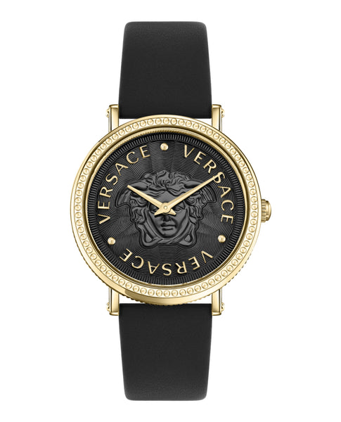 ☆VERSACE☆ Meander 34mm レディース 腕時計 BLACK♪ Versace Greca Meander Black Dial Black Leather Strap Watch